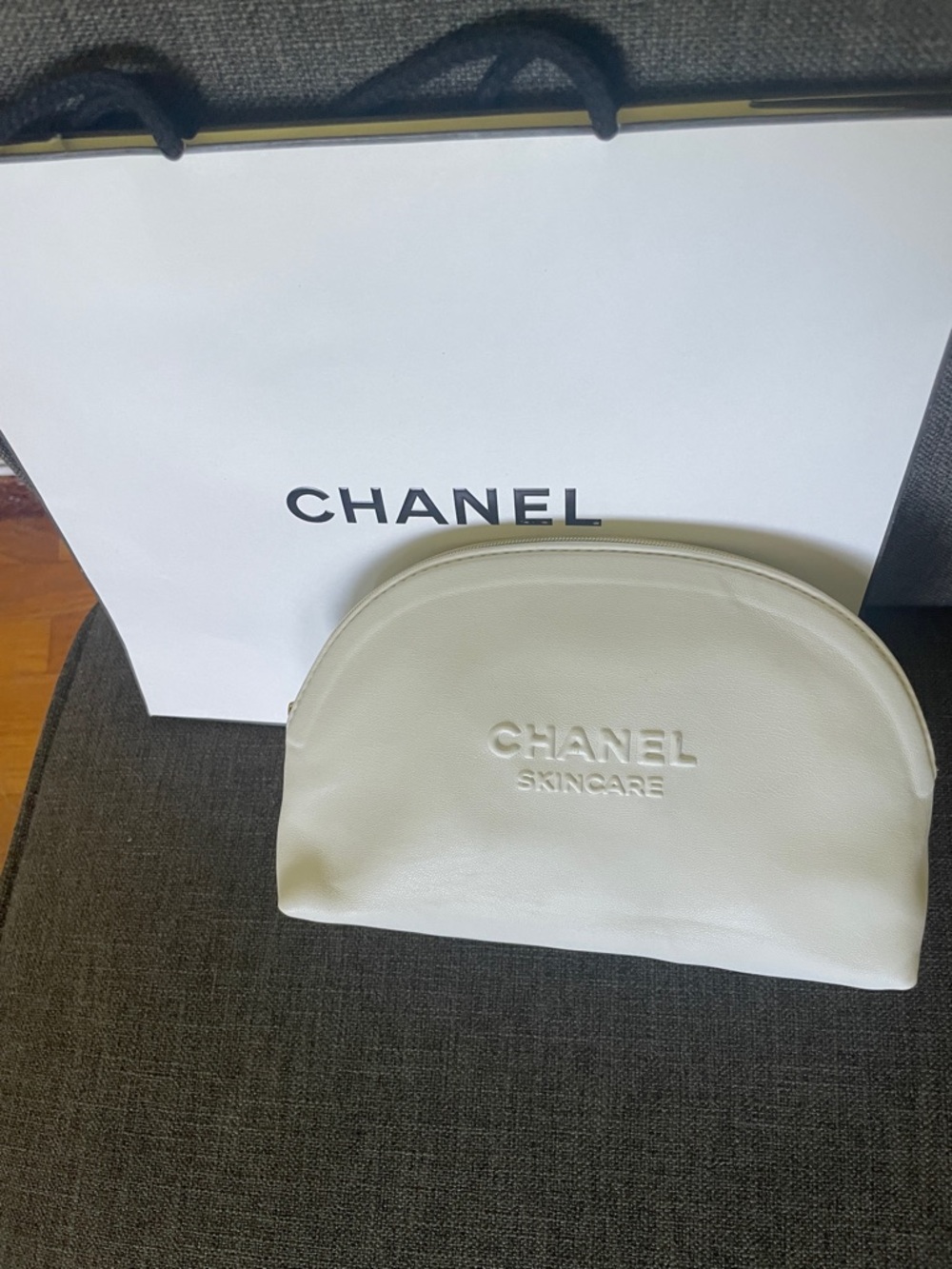 CHANEL White Embossed Skincare Cosmetic Pouch & Chanel Shopping Bag never used